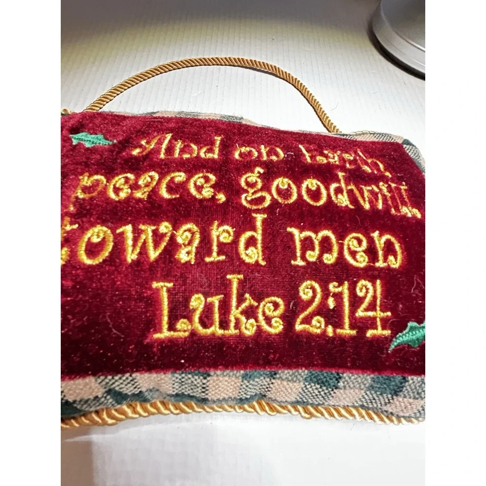 Christmas Rectangle Cushion Embroidered Luke 2:14 Red Plaid Trim Cord Handle
